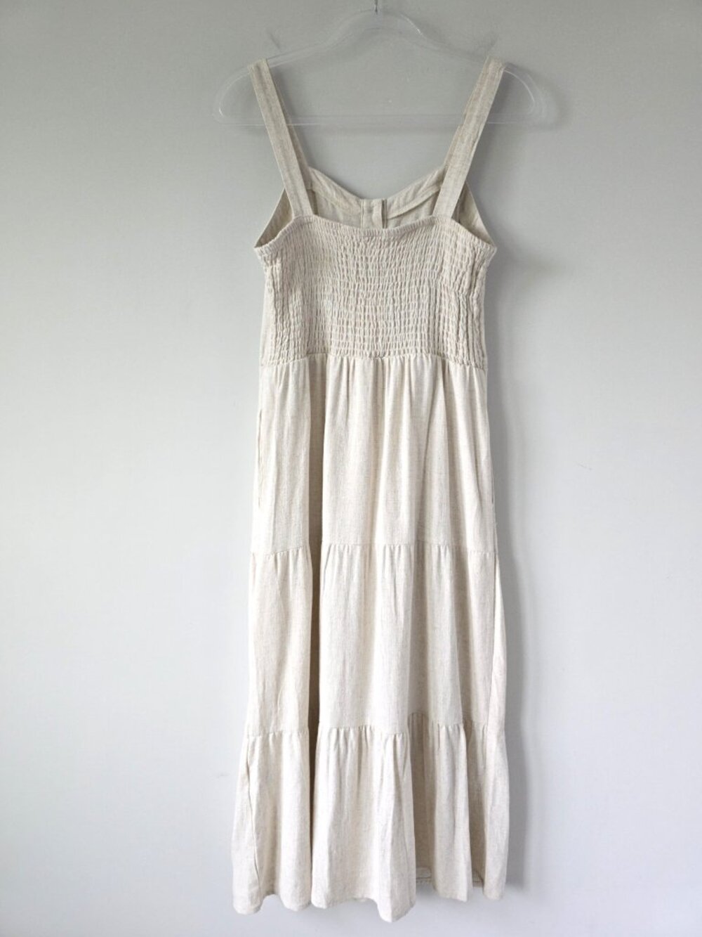 NWT Lucky Brand Linen Tiered Smocked Midi Dress M Beige Cream - Picture 2 of 8